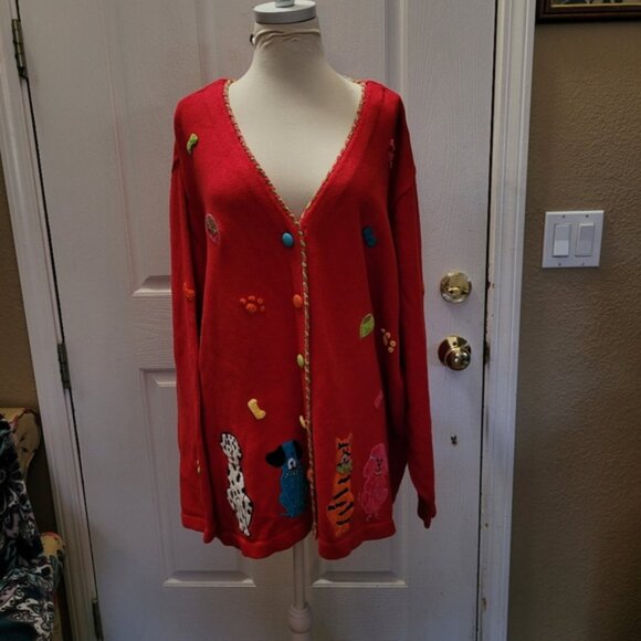 New Quacker Factory Sweater Cardigan Dogs Cats Animals Print Red Size 3X 3XL - Picture 8 of 9